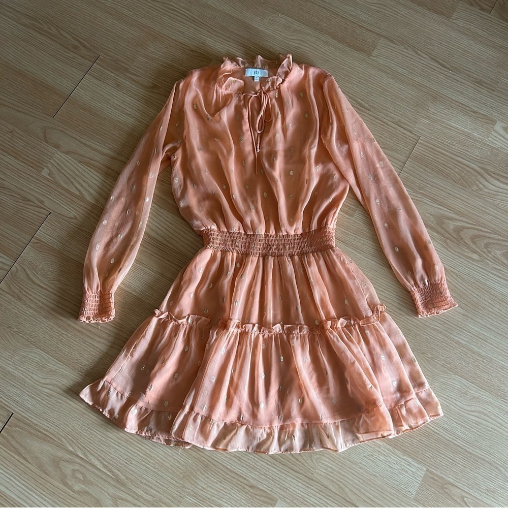 NSR Blush Peach Gold Ruffle Smocked Dress Small